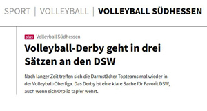 Bericht im Darmstädter Echo und auf Echo-Online vom Oberliga Volleyball Spiel Orplid Darmstadt - DSW Darmstadt (0:3)