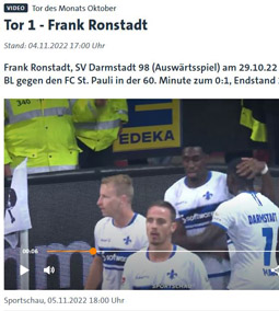 Wahl zum Tor des Monats als Tor 1 ist das Traumtor von Frank Ronstadt im Spiel gegen den 1. FC St. Pauli