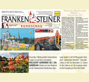 Empfehlung des Frankensteiner Rundschau für meinen DARMSTADT KALENDER 2023 in der Weihnachtsausgabe - erhältlich im Kalender-Shop www.darmstadtkalender.com