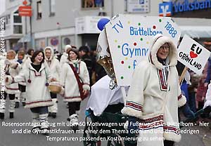 Beim Rosensonntagsumzug auch dabei: die Gymnastikfrauen des TV Büttelborn - passend zum Thema Grönland und hiesiger Witterung kostümiert (Foto © Peter Henrich) Beim Rosensonntagsumzug auch dabei: die Gymnastikfrauen des TV Büttelborn - passend zum Thema Grönland und hiesiger Witterung kostümiert (Foto © Peter Henrich)
