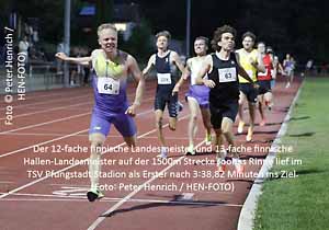 Der 25-fache finnische Landesmeister auf der 1500m Strecke Joonas Rinne lief im TSV Pfungstadt Stadion als Erster ins Ziel (Fotogalerie: Peter Henrich / HEN-FOTO) Der 25-fache finnische Landesmeister auf der 1500m Strecke Joonas Rinne lief im TSV Pfungstadt Stadion als Erster ins Ziel (Fotogalerie: Peter Henrich / HEN-FOTO)