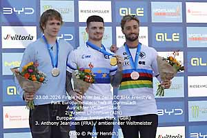 Finale Männer bei der UEC BMX Freestyle Park Europameisterschaft in Darmstadt - Ausrichter VC Darmstadt - v li Arsenii Linbishkin (AIN) Europameister Jordan Clark (GBR) Anthony Jeanjean (FRA) amtierender Weltmeister (Foto © Peter Henrich) Finale Männer bei der UEC BMX Freestyle Park Europameisterschaft in Darmstadt - Ausrichter VC Darmstadt - v li Arsenii Linbishkin (AIN) Europameister Jordan Clark (GBR) Anthony Jeanjean (FRA) amtierender Weltmeister (Foto © Peter Henrich)