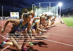 Leichtathletik Internationales Abendsportfest im TSV Pfungstadt Stadion mit 564 Teilnehmern/innen - Start 1500m weiblich v li 548 Carlee Hansen / USA - 550 Annika Reiss / USA - 549 Taryn Parks / USA (Foto © Peter Henrich / HEN-FOTO)
