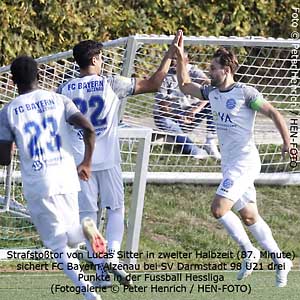 Strafstoßtor von Lucas Sitter in zweiter Halbzeit (87. Minute) sichert FC Bayern Alzenau bei SV Darmstadt 98 U21 drei Punkte in der Fussball Hessliga (Fotogalerie © Peter Henrich / HEN-FOTO)